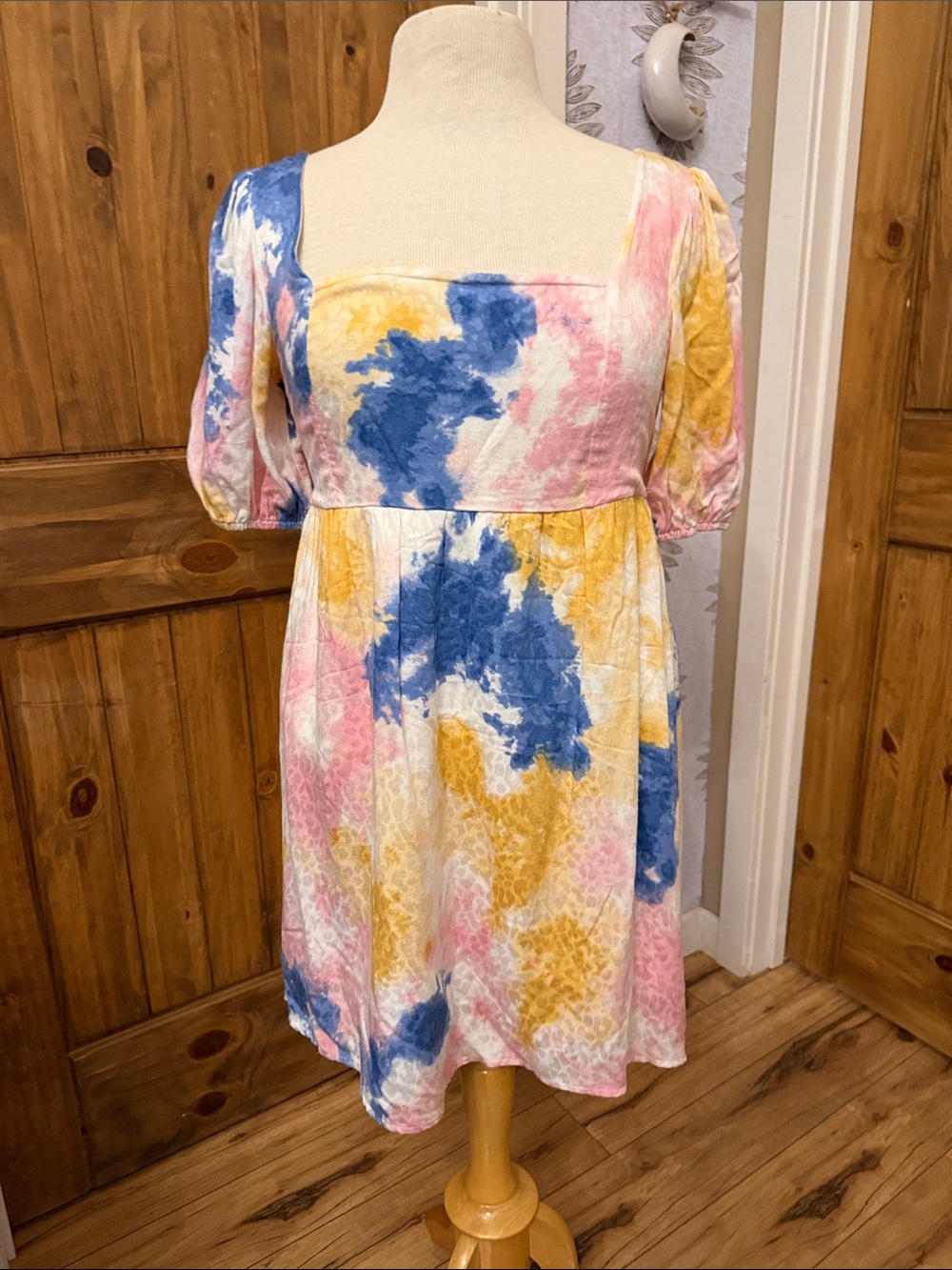 Tie-Dye Puff Sleeve Mini Dress in Blue, Pink & Yellow